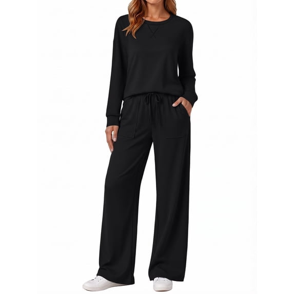 SUNBS Women's 2 Piece Loungewear Sets Fall Outfits Crew Neck Long Sleeve Top High Waist Wide Leg Pants for Travel Airport Casual Wear