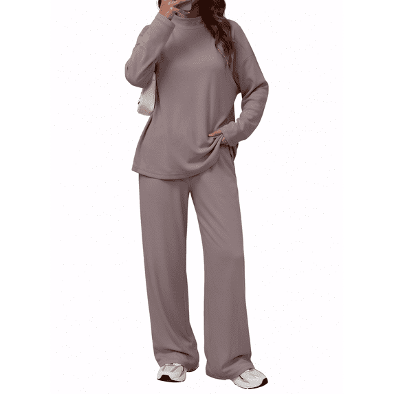 SUNBS Women's Long Sleeve Lounge Sets Mock Neck Two Piece Sets for Women Wide Leg Pants Outfits Tracksuit Sweatsuits Set