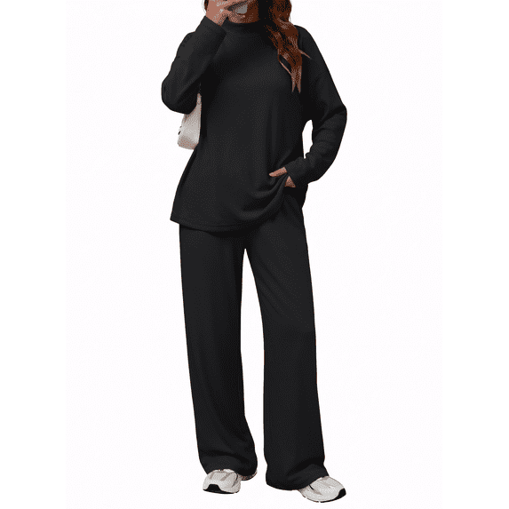 SUNBS Women's Long Sleeve Lounge Sets Mock Neck Two Piece Sets for Women Wide Leg Pants Outfits Tracksuit Sweatsuits Set