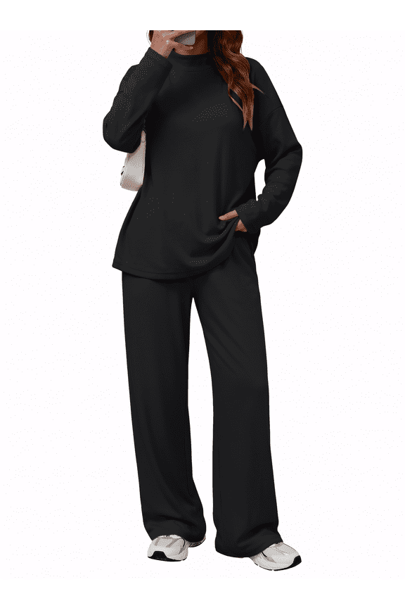 Women's Long Sleeve Lounge Sets Mock Neck Two Piece Sets for Women Wide Leg Pants Outfits Tracksuit Sweatsuits Set
