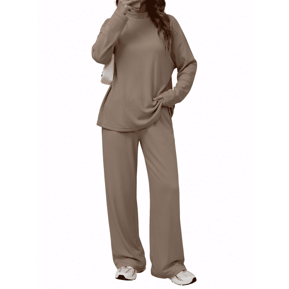 SUNBS Women's Long Sleeve Lounge Sets Mock Neck Two Piece Sets for Women Wide Leg Pants Outfits Tracksuit Sweatsuits Set