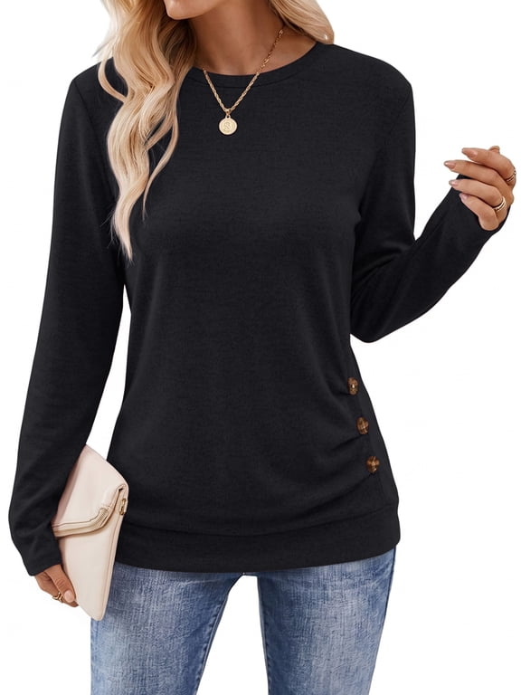 Women's Long Sleeve Tunic Blouses Fall Button Side Ruched Shirts Crewneck Casual Tops Fashion Clothes