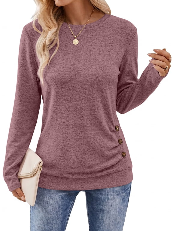 Women's Long Sleeve Tunic Blouses Fall Button Side Ruched Shirts Crewneck Casual Tops Fashion Clothes