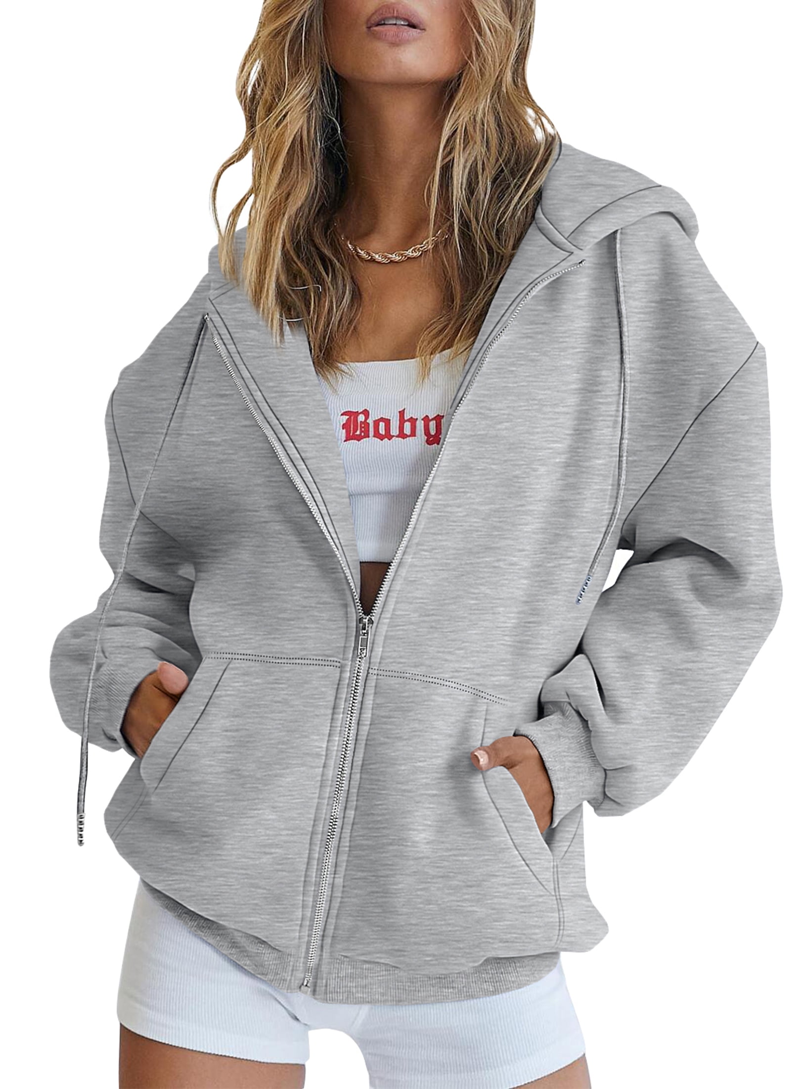Drawstring Zip Up Hoodies for Women Fall Cute Jacket Oversized Casual Sweatshirts with Pocket