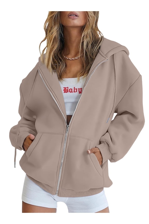 Drawstring Zip Up Hoodies for Women Fall Cute Jacket Oversized Casual Sweatshirts with Pocket
