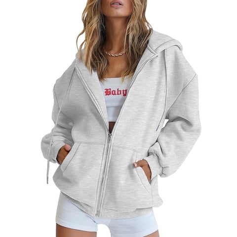Drawstring Zip Up Hoodies for Women Fall Cute Jacket Oversized Casual Sweatshirts with Pocket