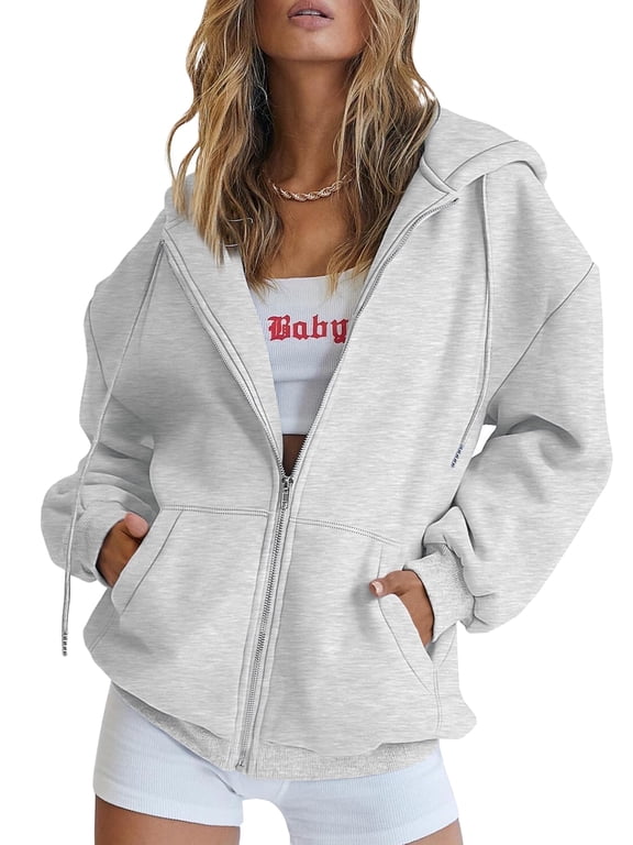 Drawstring Zip Up Hoodies for Women Fall Cute Jacket Oversized Casual Sweatshirts with Pocket