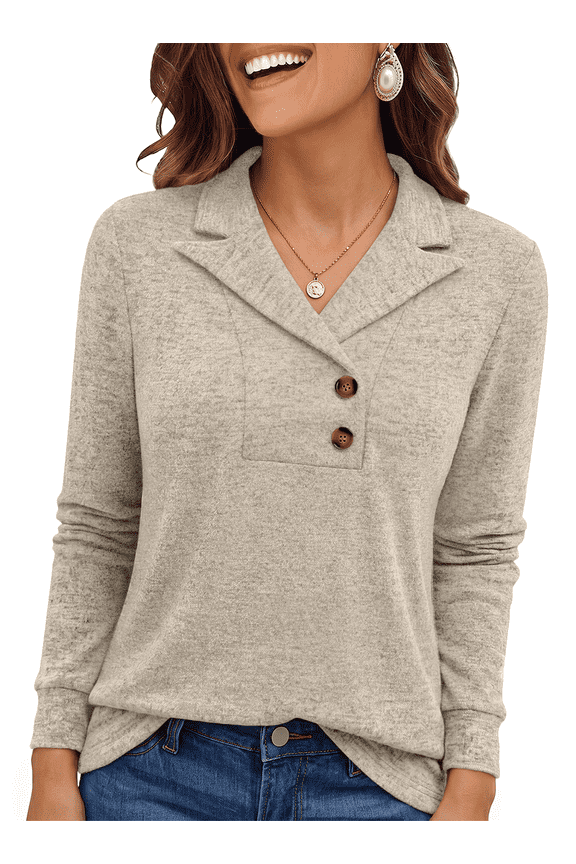 Women's Tops Long Sleeve Blouses Notched Collar Button Henley Business Casual Dressy Fall Shirts
