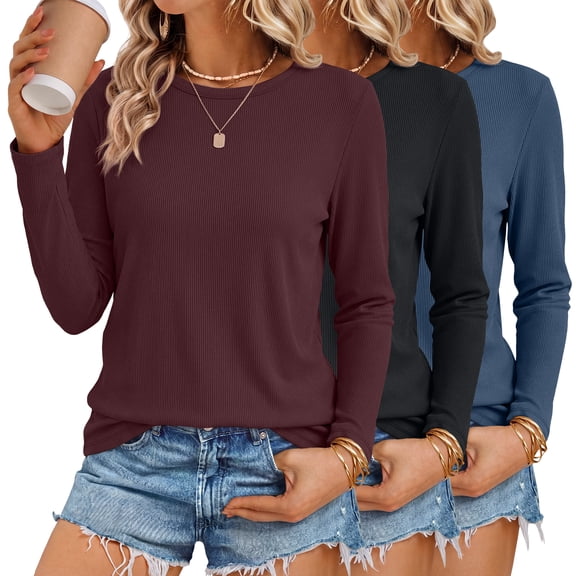 SUNBS 3 Pack Long Sleeve Shirts for Women Crew Neck Slim Fit Basic Layering Womens Shirts