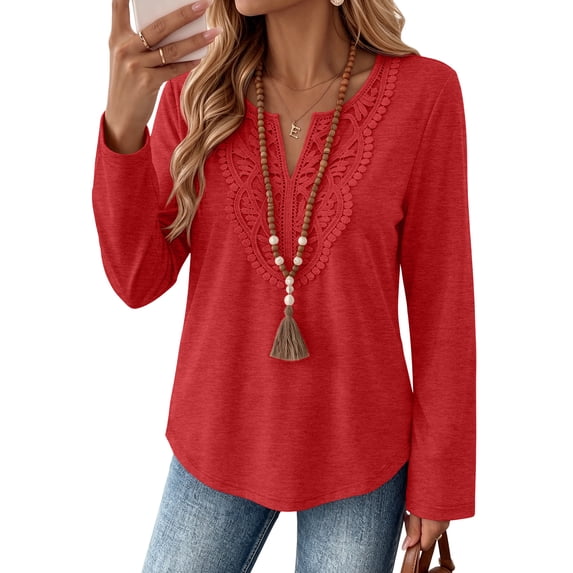 SUNBS Women Tops Long Sleeve V Neck Lace Trim Blouses for Women Dressy Casual Tunic Shirts