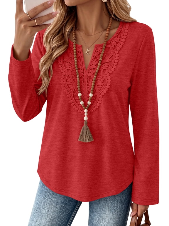 Women Tops Long Sleeve V Neck Lace Trim Blouses for Women Dressy Casual Tunic Shirts