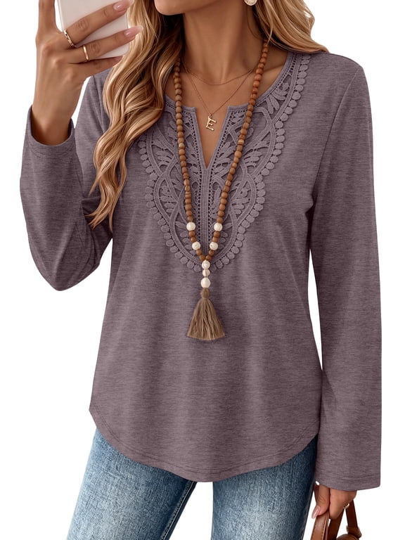 Women Tops Long Sleeve V Neck Lace Trim Blouses for Women Dressy Casual Tunic Shirts