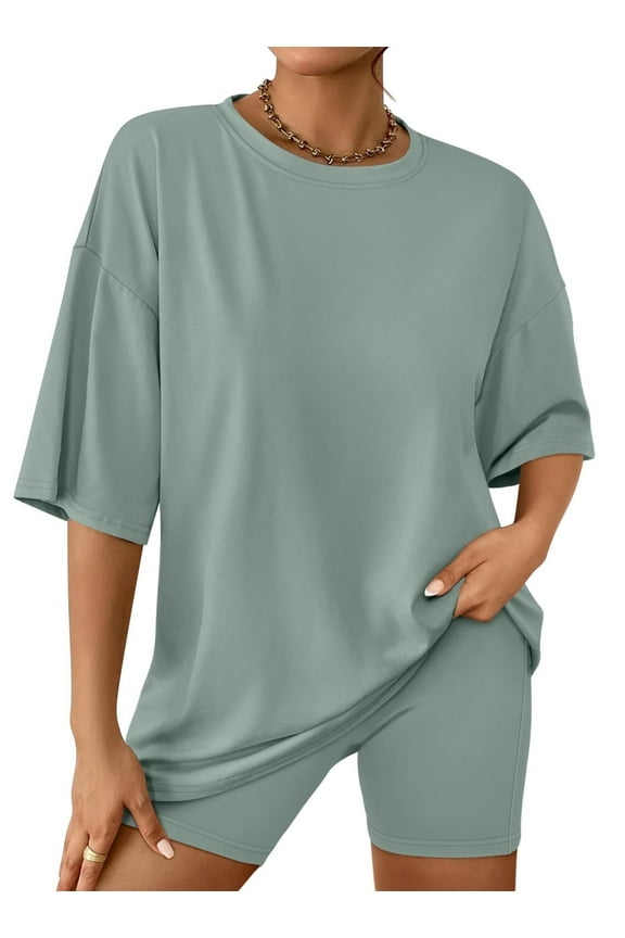 2 Piece Outfit for Women Lounge Sets Oversized Tshirts Matching Biker Short Summer Clothing, Sizes S-2XL