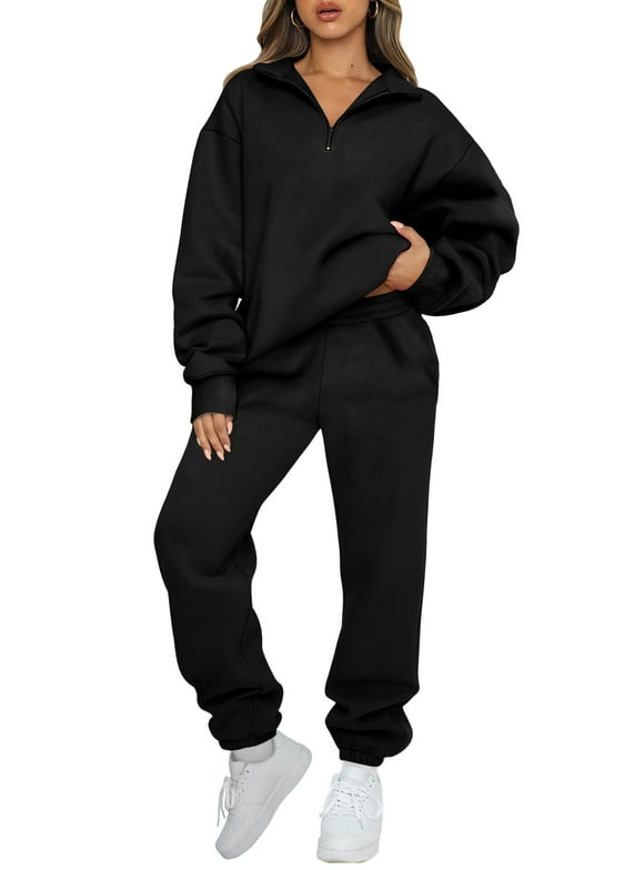 Women's Sweatsuits 2 Piece Outfits Long Sleeve Half Zip Pullover and Baggy Sweatpants with Pockets