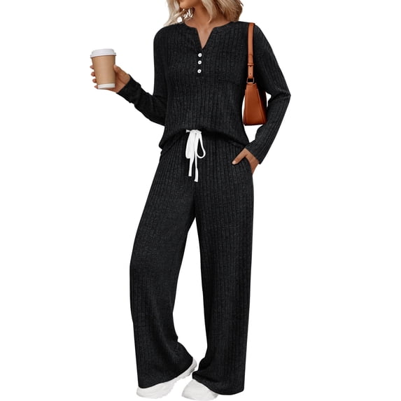 SUNBS Two Piece Sets for Women Lounge Sets Long Sleeve Tops Wide Leg Pants Fall Casual Vacation Travel Outfits with Pockets