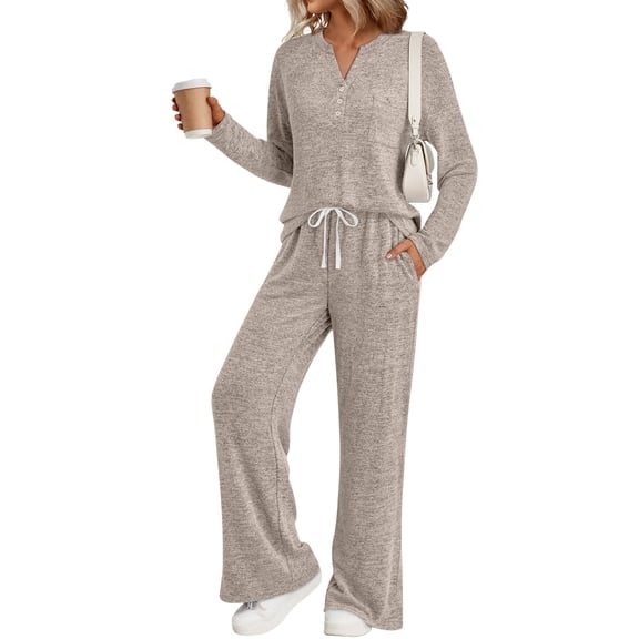 SUNBS Lounge Sets for Women 2 Piece Casual Outfits Long Sleeve Henley Top Wide Leg Pants Tracksuit with Pockets