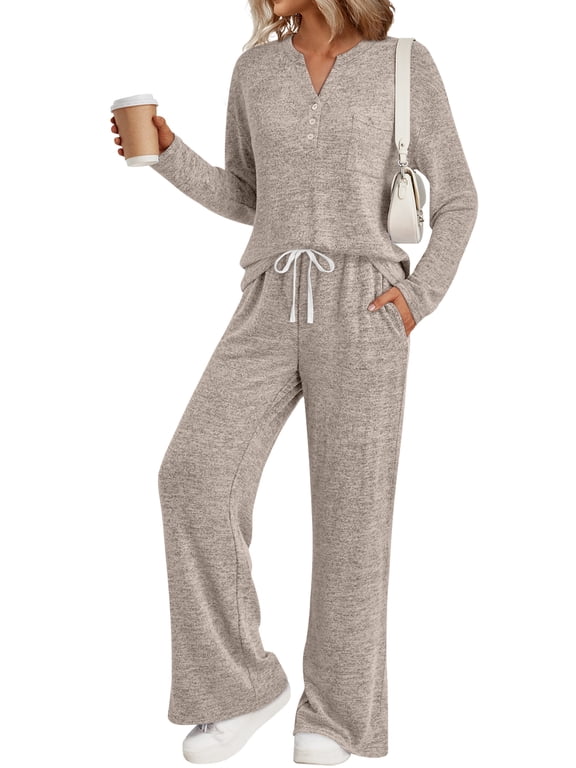 Lounge Sets for Women 2 Piece Casual Outfits Long Sleeve Henley Top Wide Leg Pants Tracksuit with Pockets