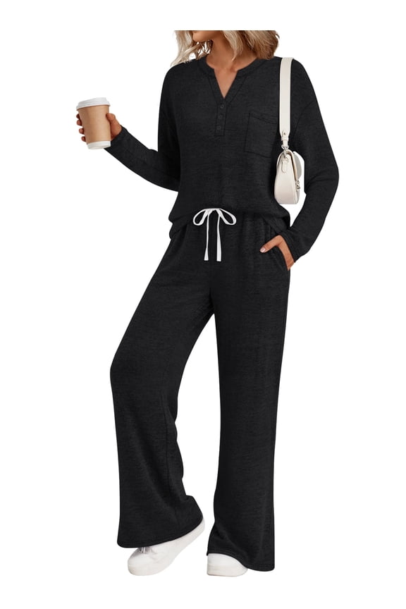 Women's Pajama Set Two Piece Long Sleeve Knit Lounge Set with Pockets Button Down Top and Drawstring Pants Sleepwear