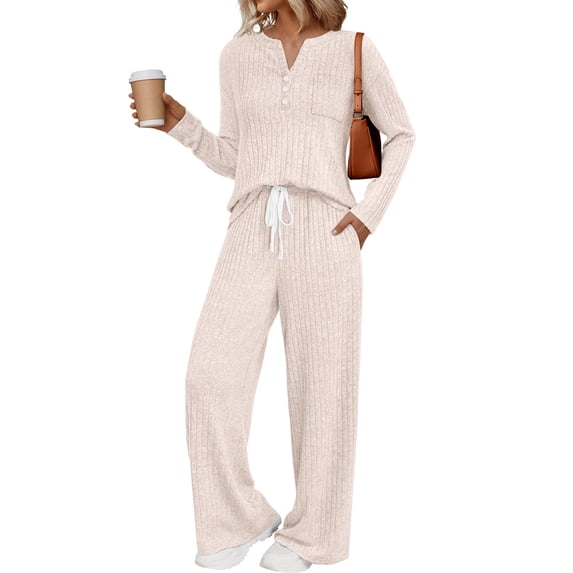 SUNBS Two Piece Sets for Women Lounge Sets Long Sleeve Tops Wide Leg Pants Fall Casual Vacation Travel Outfits with Pockets