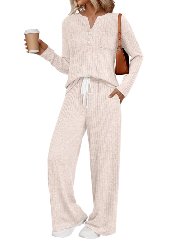 Two Piece Sets for Women Lounge Sets Long Sleeve Tops Wide Leg Pants Fall Casual Vacation Travel Outfits with Pockets