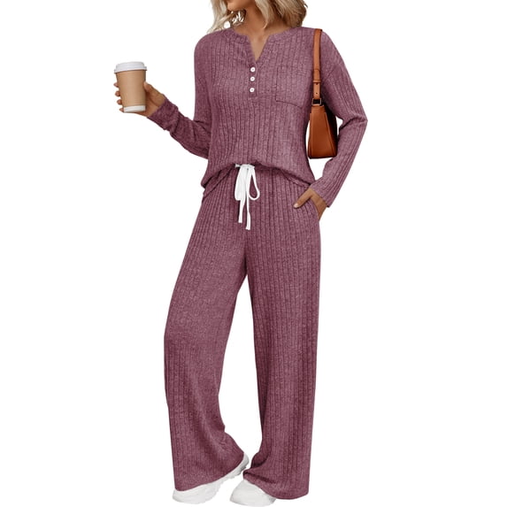 SUNBS Two Piece Sets for Women Lounge Sets Long Sleeve Tops Wide Leg Pants Fall Casual Vacation Travel Outfits with Pockets