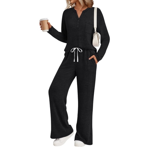 SUNBS Lounge Sets for Women 2 Piece Casual Outfits Long Sleeve Henley Top Wide Leg Pants Tracksuit with Pockets