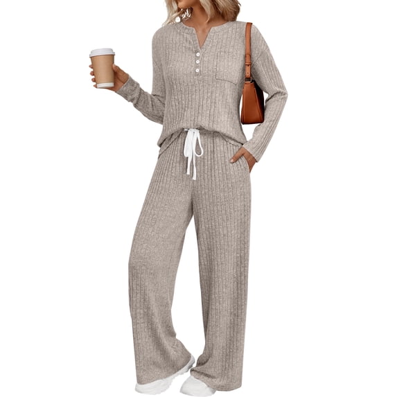 SUNBS Two Piece Sets for Women Lounge Sets Long Sleeve Tops Wide Leg Pants Fall Casual Vacation Travel Outfits with Pockets