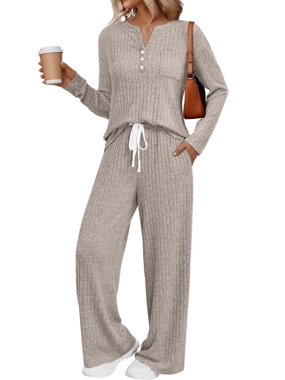 Two Piece Sets for Women Lounge Sets Long Sleeve Tops Wide Leg Pants Fall Casual Vacation Travel Outfits with Pockets