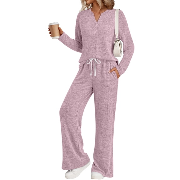 SUNBS Lounge Sets for Women 2 Piece Casual Outfits Long Sleeve Henley Top Wide Leg Pants Tracksuit with Pockets