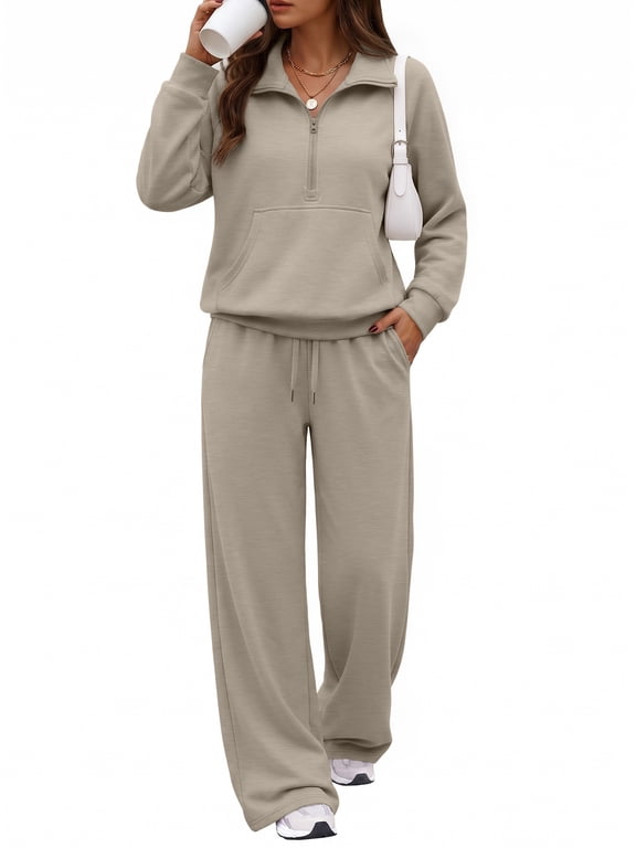 Half Zip Sweatsuits Sets For Womens 2 Piece Outfits Kangaroo Pocket Drawstring Sweatpant