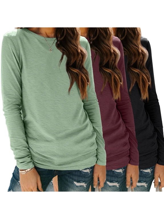 Womens 3 Packs Long Sleeve Shirts Loose Fit Fall Tops Fashion Clothes Basic Workout Tees School Teacher Outfits