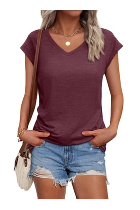 Womens Casual V Neck Shirts Basic Plain T Shirts Cute Tops for Women Summer Clothes