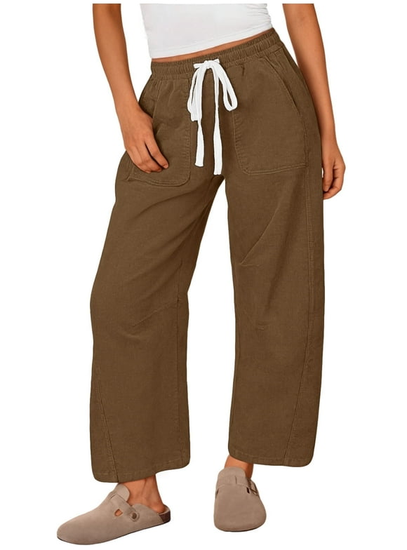 Womens Corduroy Pants Fall Barrel Linen Pant Winter Casual Wide Leg Pants Womens Cargo Pants with Pockets