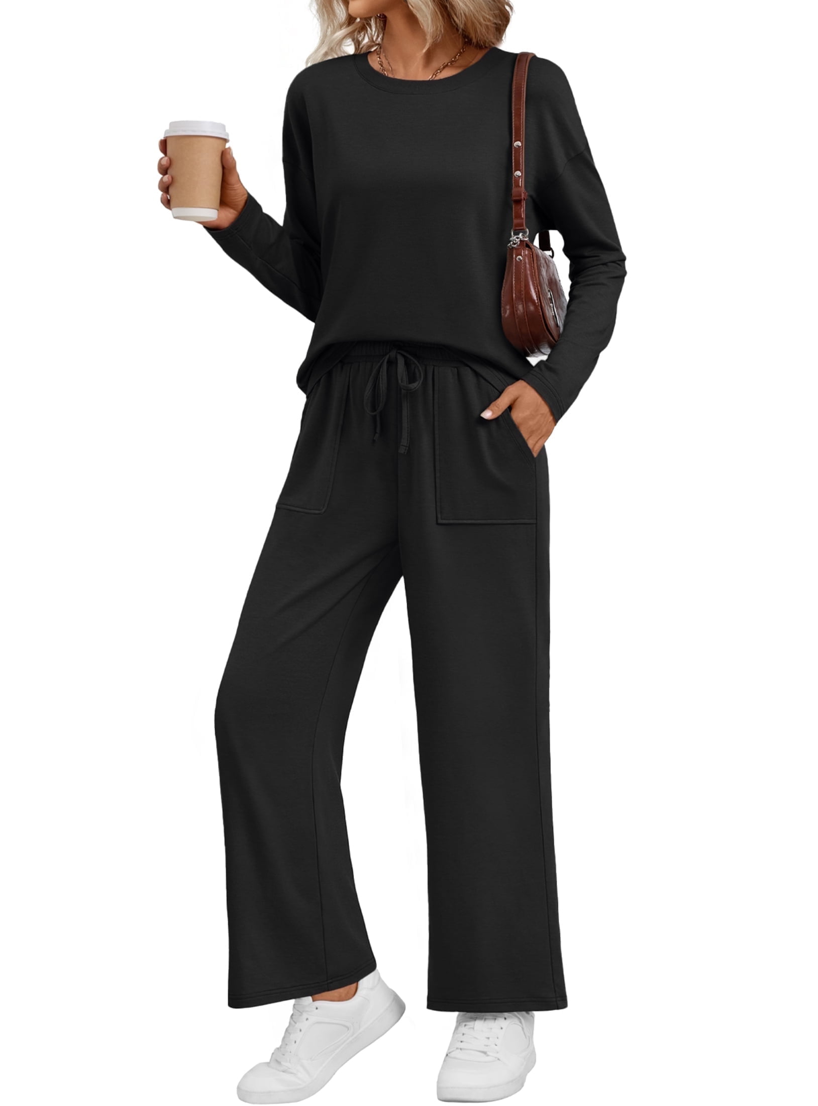 SUNBS 2 Piece Outfits Women Fall Lounge Sets Crew Neck Tops Wide Leg Pants Vacation Travel Sweatsuits with Pockets