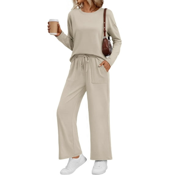 SUNBS 2 Piece Outfits Women Fall Lounge Sets Crew Neck Tops Wide Leg Pants Vacation Travel Sweatsuits with Pockets