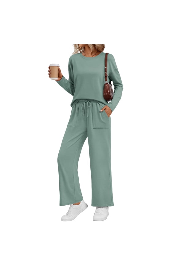 2 Piece Outfits Women Fall Lounge Sets Crew Neck Tops Wide Leg Pants Vacation Travel Sweatsuits with Pockets