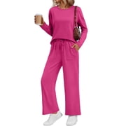 SUNBS 2 Piece Outfits Women Fall Lounge Sets Crew Neck Tops Wide Leg Pants Vacation Travel Sweatsuits with Pockets