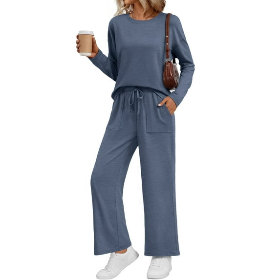 SUNBS 2 Piece Outfits Women Fall Lounge Sets Crew Neck Tops Wide Leg Pants Vacation Travel Sweatsuits with Pockets