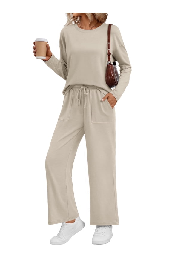 2 Piece Outfits Women Fall Lounge Sets Crew Neck Tops Wide Leg Pants Vacation Travel Sweatsuits with Pockets