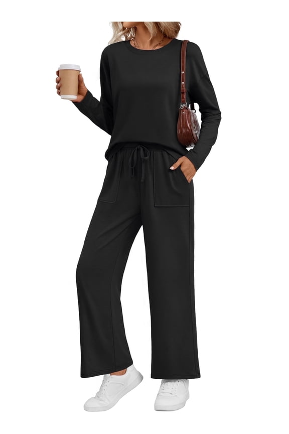 2 Piece Outfits Women Fall Lounge Sets Crew Neck Tops Wide Leg Pants Vacation Travel Sweatsuits with Pockets