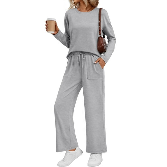 SUNBS 2 Piece Outfits Women Fall Lounge Sets Crew Neck Tops Wide Leg Pants Vacation Travel Sweatsuits with Pockets