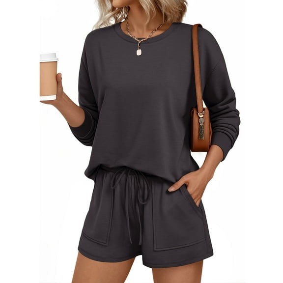 SUNBS Womens Crew Neck Two Piece Short Sets Long Sleeve Drawstring Summer Sweatsuit with Pocket