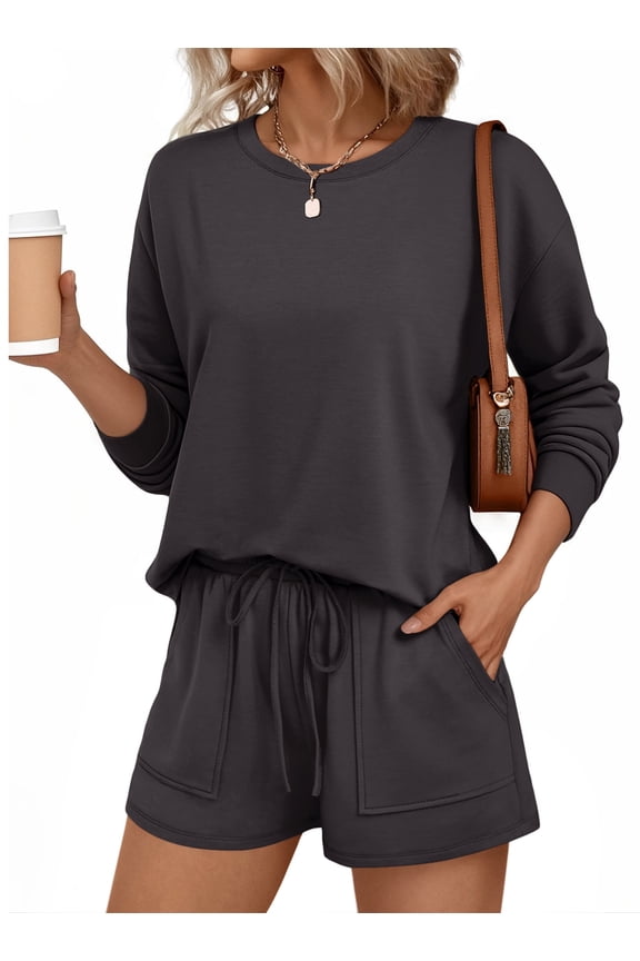 Womens Crew Neck Two Piece Short Sets Long Sleeve Drawstring Summer Sweatsuit with Pocket