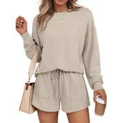 SUNBS Womens Crew Neck Two Piece Short Sets Long Sleeve Drawstring Summer Sweatsuit with Pocket