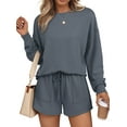 thumbnail image 1 of SUNBS Womens Crew Neck Two Piece Short Sets Long Sleeve Drawstring Summer Sweatsuit with Pocket, 1 of 6