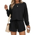 thumbnail image 1 of SUNBS Womens Crew Neck Two Piece Short Sets Long Sleeve Drawstring Summer Sweatsuit with Pocket, 1 of 6