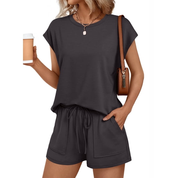SUNBS Lounge Sets for Women Two Piece Outfits Crew Neck Short Sets Cap Sleeve Drawstring with Pocket