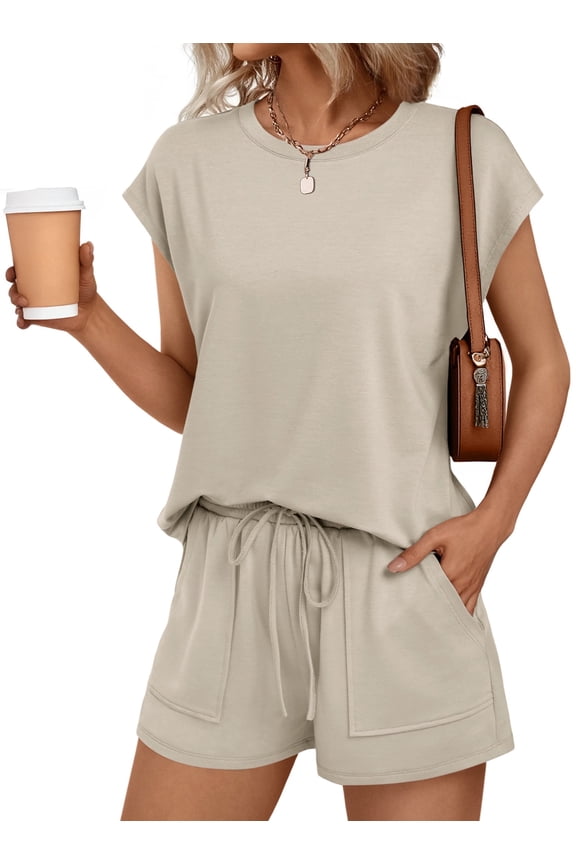 Lounge Sets for Women Two Piece Outfits Crew Neck Short Sets Cap Sleeve Drawstring with Pocket