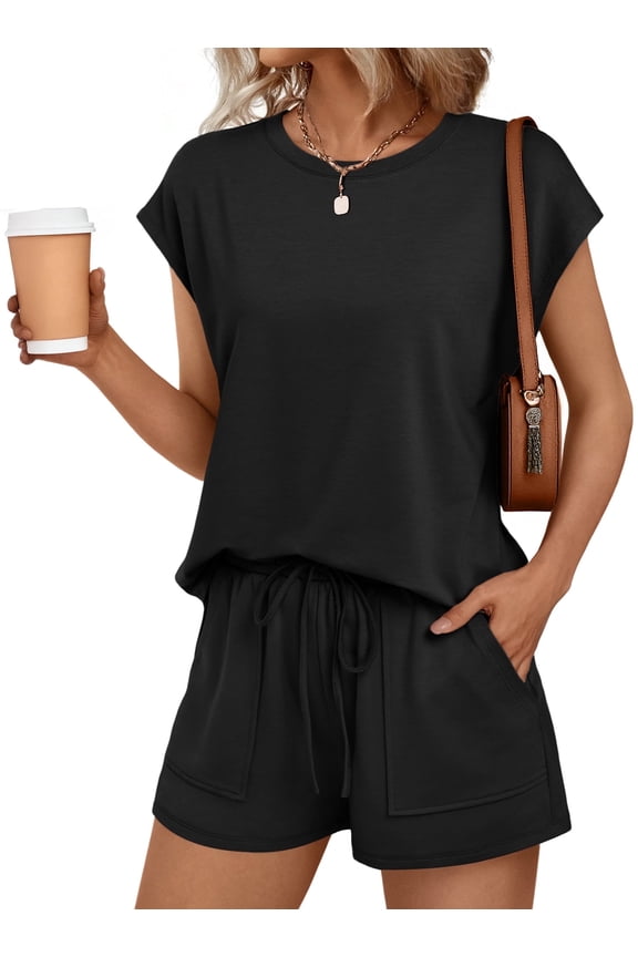 Lounge Sets for Women Two Piece Outfits Crew Neck Short Sets Cap Sleeve Drawstring with Pocket