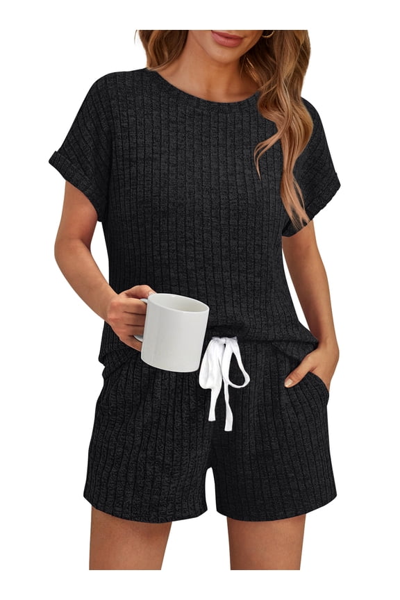 Womens Crew Neck Two Piece short Sets Cap Sleeve Tunic Sweaters Drawstring Summer Sweatsuit with Pocket